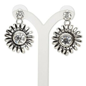 Edgy Modern Art Deco Style Dimensional Antique Silver Clear Crystal Earrings